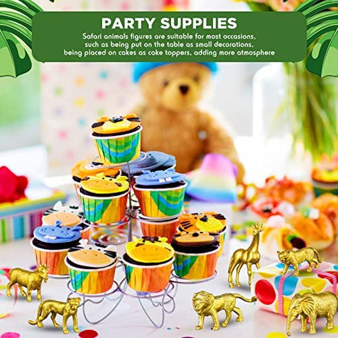 24 Pcs Gold Plastic Animal Figurines Toys Zoo Gold Safari Animal Figures Elephant Lion Wild Animal Decor Mini Safari Animals Figurines Decor Jungle Animal Cake Toppers for Themed Birthday Party