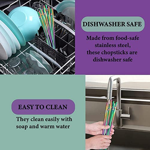 EMRSTORES Stainless Steel Chopsticks - Dazzling Reusable Chopsticks - 5 Pairs Dishwasher Safe Metal Chopsticks - Easy to Use - Square Lightweight Chop Sticks - Gift Set