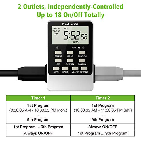 Outlet Timer, NEARPOW Dual Digital Light Timer with 2 Independently-controlled Outlets, 18 ON/OFF Programs, 24-Hour and 7-Day Programmable,Indoor Heavy Duty Electrical Timer Switch, 3 Prong, 15A/1800W