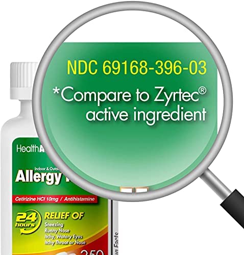 HealthA2Z Allergy Relief, All Day Allergy, Cetirizine HCL 10mg, 250 Tablets, Compare to Zyrtec® Active Ingredient.