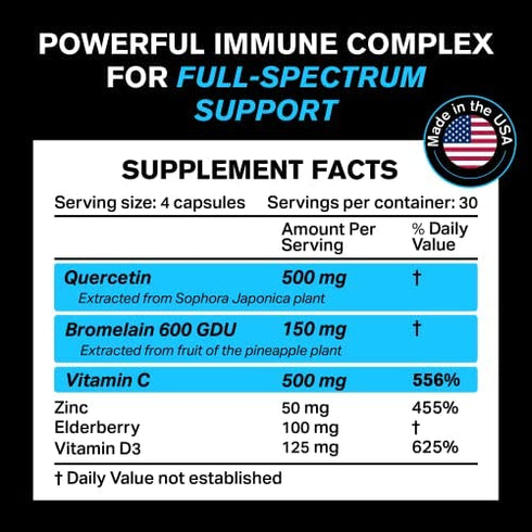 Quercetin 500mg Supplement with Sambucus Elderberry, Bromelain, Vitamin C, Zinc 50mg, & Vitamin D3 5000 IU - Antioxidant & Immune Health Zinc Quercetin - 6 in 1 Black Elderberry Supplement for Adults