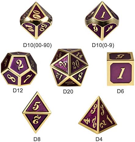 DnDnD Table Game Metal Dice Set, 7PCS D&D Metal Die with Metal Gift Box for Tabletop Games Dungeons and Dragons Dice (Dark Purple and Gold Number)