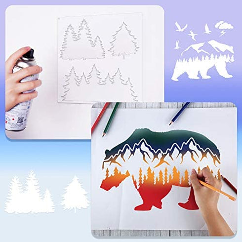 9 Pieces Forest Bear Claw Stencil Kit Winter Porch Stencil Animal Reusable Mylar Template Stencils with Metal Open Ring for Painting on Wood Wall Home Decor