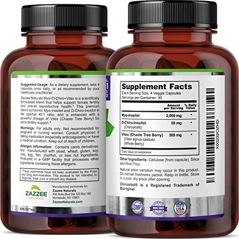 Zazzee Myo-Inositol + D-Chiro + Vitex, 120 Vegan Capsules, Optimal 40:1 Inositol Ratio, with 500 mg Vitex, Vegan, Non-GMO and All-Natural, Supports Healthy Ovulation and a Regular Cycle