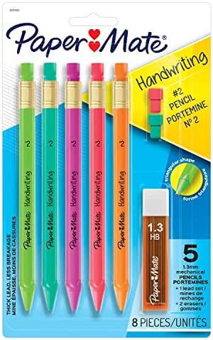 Paper Mate Handwriting Triangular Mechanical Pencil Set with Lead & Eraser Refills, 1.3mm, Fun Barrel Colors, 8 Count