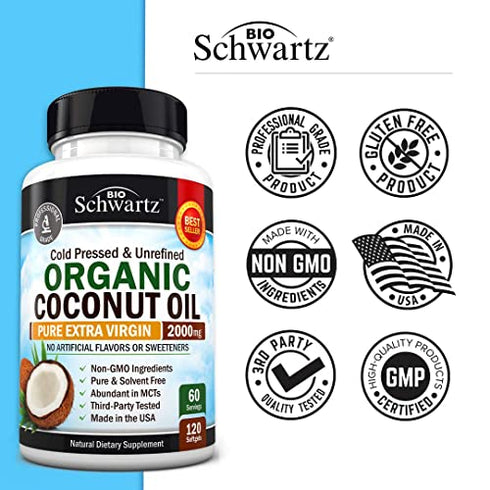Coconut Oil Capsules 2000mg - Organic Pure Extra Virgin Unrefined Cold Pressed & Non-GMO for Healthy Skin Nails Weight Loss Hair Growth Brain Health Bloat Blood Pressure Anti Aging Digestion - 120ct