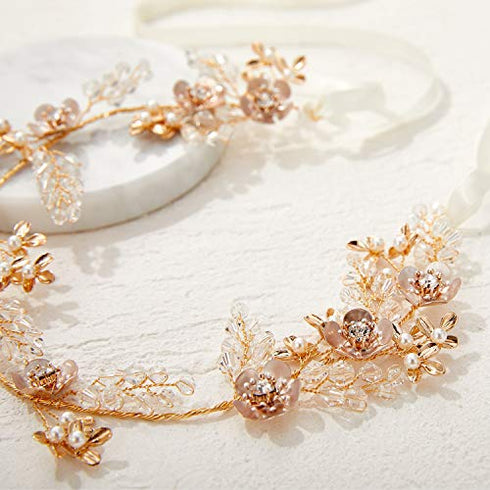 SWEETV Rose Gold Wedding Headband for Bride, Floral Bridal Headband Rhinestone Headpiece Wedding Hair Accessories