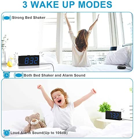 Loud Alarm Clock for Heavy Sleepers,Vibrating Alarm Clock for Hearing Impaired Deaf,Annoying Alarm Clock,USB Port,Dual Alarm with Snooze,7" Large Dimmable LED Display,Battery Backup,Easy to Use,DST