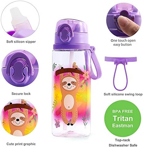 Cute Water Bottle for School Kids Girls Boys, Soft Silicone Straw & BPA FREE Tritan & Leak Proof One Click Open Flip Top & Easy Clean & Soft Carry Loop, 24oz / 700ml - Sloth