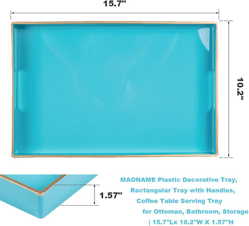 MAONAME Blue Serving Tray with Handles, Modern Decorative Tray for Coffee Table, Plastic Rectangular Tray for Ottoman, Bathroom, Decor, 15.75? x 10.2? x1.57