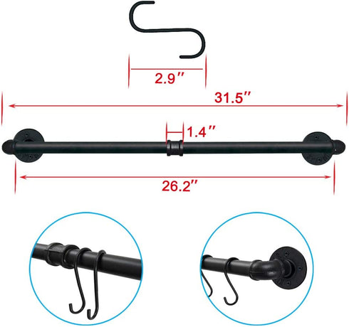 TLBTEK Industrial Pipe Clothes Rack,Black Iron Bathroom Kitchen Towel Bar,Vintage Farmhouse DIY Wall Mounted Pot Bar Rack, Detachable Kitchen Utensils Hanger (31.5 Inch)