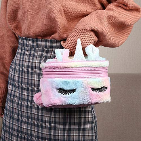 Women Girls Kids Fluffy Faux Fur Unicorn Makeup Bag Small Cosmetic Organizer Plush Travel Storage Bags Toiletry Kit Case