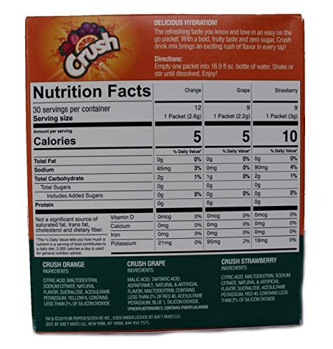 Crush Singles Grape, Orange, Strawberry To Go Sugar Free Drink Mix Variety Pack 2.75 oz Pack of 30 Sticks