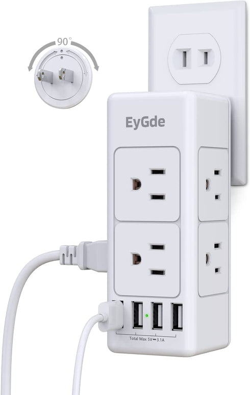 2 Prong Power Strip with Rotating Plug, EyGde Multi Plug Outlet Extender, Multiple Outlet Splitter(3 Sided 6 Sockets) and 4 USB Ports, Wall Adapter Surge Protector (1700J) for Travel, Office, White