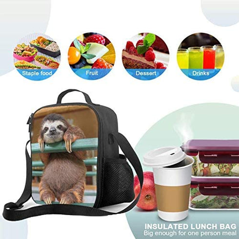 PrelerDIY Sloth Lunch Box - Insulated Lunch Box for Kids Funny 3D Design with Side Pocket & Shoulder Strap Lunch Bag, Perfect for School/Camping/Hiking/Picnic/Beach/Travel