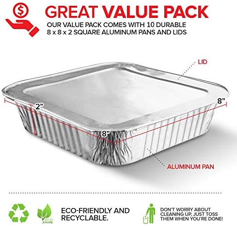 8x8 Foil Pans with Lids (10 Pack) 8 Inch Square Aluminum Pans with Covers - Foil Pans and Foil Lids - Disposable Food Containers Great for Baking Cake, Cooking, Heating, Storing, Prepping Food