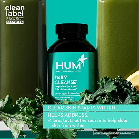 HUM Daily Cleanse Clear Skin Herbal Supplements - Improved Digestive Health + Natural Detoxification Support with Green Algae, Detoxing Herbs & Minerals - Body Detox & Skin Supplement (60 Capsules)