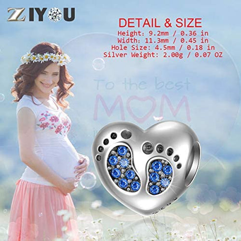 Bracelet Baby Footprints Charms - 925 Sterling Silver Pendant, Heart Birthstone plated Crystals - Mini Beads Fit Charm Bracelets, Necklaces, and European Snake Chains, Gift to New Mom and Child.
