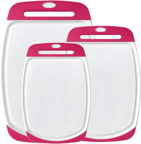 Gorilla Grip Reversible, Oversized, Thick Cutting Board Set of 3, Grip Handle, Deep Juice Grooves, Slip Resistant, Large Kitchen Chopping Boards for Meat, Veggies, Fruits, Dishwasher Safe, Hot Pink
