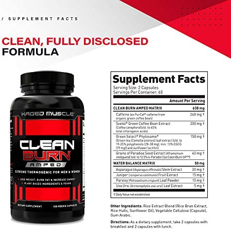 Kaged Muscle Clean Burn Amped Extreme Thermogenic for Men & Women, Weight Management Supplement with Organic Caffeine, 120 Veggie Caps