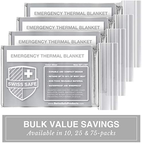 Swiss Safe Emergency Mylar Thermal Blankets, Designed for NASA, Outdoors, Survival, First Aid, Silver, 10 Pack