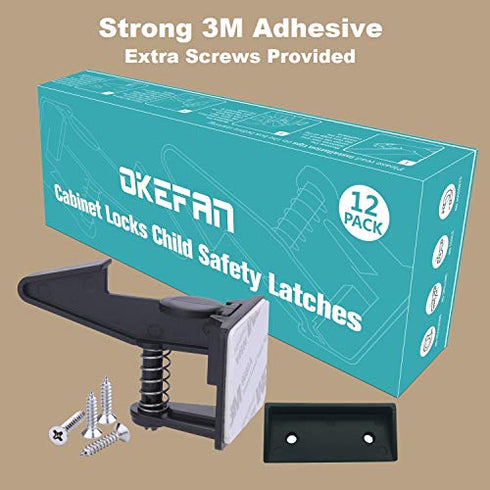 Cabinet Locks Child Safety Latches - OKEFAN 12 Pack Baby Proofing Cabinets Drawer Lock Adhesive Latch for Kids Proof Drawers No Drilling Tools Needed (Black)