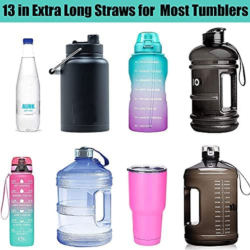 ALINK 12-Pack Reusable Plastic Clear Straws, 13 inch Extra Long Tumbler Straws for 1 Gallon, 64/32 oz Water Bottles, Plus Cleaning Brush