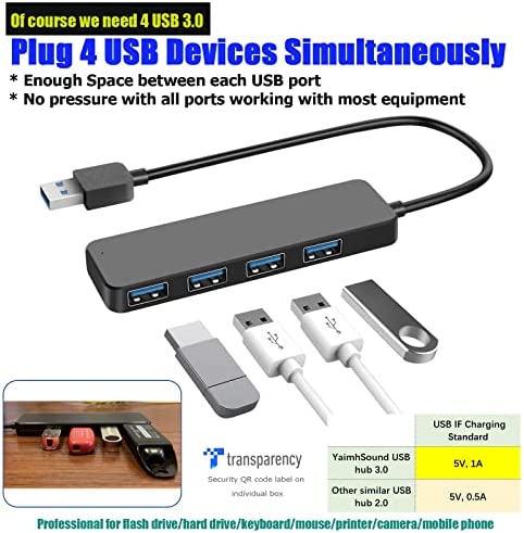 4-Port USB Hub 3.0, T-Sound USB Splitter for Laptop, Ps4 Keyboard and Mouse Adapter for Dell, Asus, HP, MacBook Air, Surface Pro, Acer, Xbox, Flash Drive, Mobile HD, Console, Printer, Camera