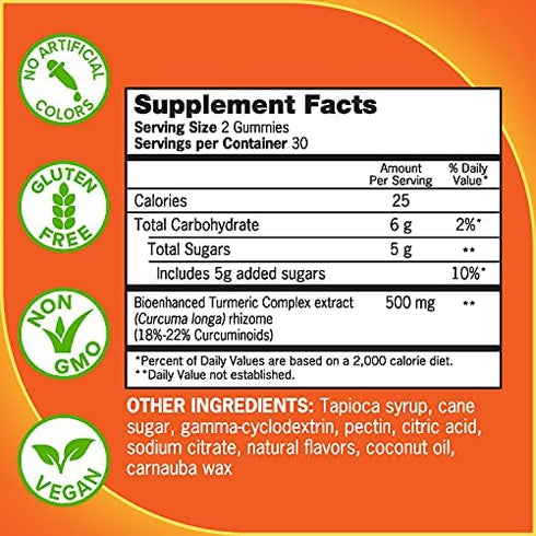 Qunol Turmeric Curcumin Gummies 500 mg Delicious Gummy Supplements Helps Support an Active Lifestyle, Orange, 60 Count