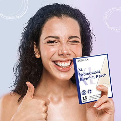 AUSLKA Large Blemish Patches XL -18 Strips - Hydrocolloid Patch for Covering Zits - Spot Stickers -Vegan and Cruelty for Face and Skin