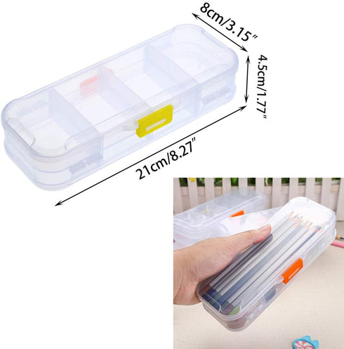 BTSKY Clear Double Deck School Pencils Box- Stationery Box Adjustable Small Pencil Case Organizer Durable Plastic Pen Holder Box with 4 compartments for Small School Supplies Organization(5 Pack)
