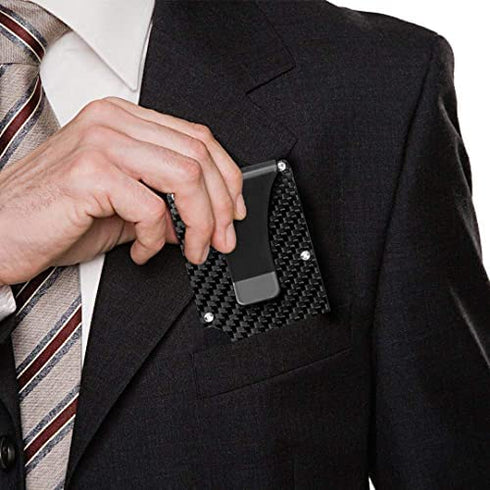 Carbon Fiber Wallet, RFID Blocking Front Packet, Metal Business Credit Card Holder, Slim Minimalist Money Clip for Men and Women (Black)