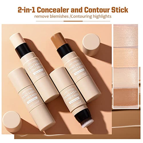 ONLYOILY 2 Pcs Contour & Highlighter Stick, Concealer & Bronzer Stick With Brush, Longwear Foundation Stick, Smooth, Blends Easily Face Makeup