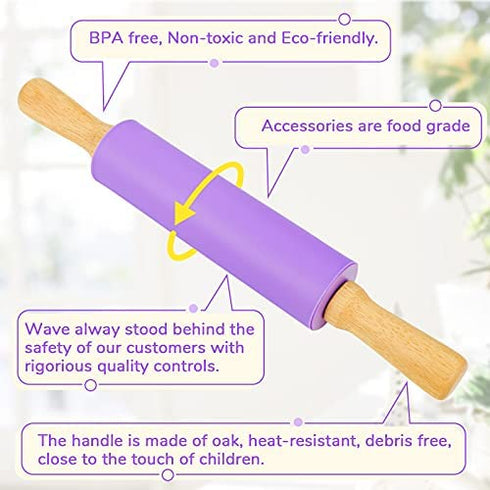 Koogel 15 Inch Silicone Rolling Pin, Purple Rolling Pin Handle Rolling Pin Non-Stick Silicone Rolling for Home Kitchen Cake