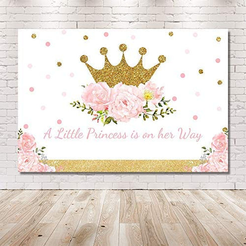 MEHOFOTO Little Princess Baby Shower Photo Studio Booth Background Pink Floral Shimmer Gold Crown Polka Dots Royal Celebration Photography Backdrops Banner for Cake Table Supplies 7x5ft