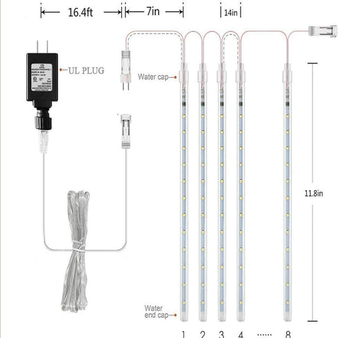 Christmas Lights Outdoor, Meteor Shower Lights Falling Rain Lights 12 inch 8 Tube 192 LED Cascading Icicle Christmas Lights for Xmas New Year Decoration Wedding Party, UL Plug, White
