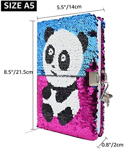 VIPbuy Magic Reversible Sequin Notebook Diary Lined Travel Journal with Lock and Key for Kids Girls, Size A5 (8.5” x 5.5”), 78 Sheets, Panda (Rose Red to Blue)