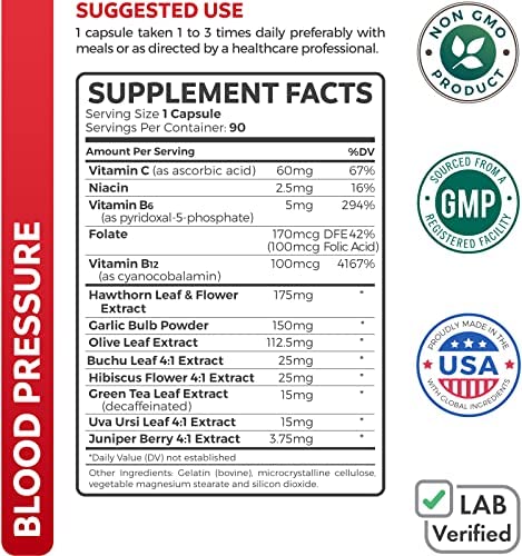 Blood Pressure Support Supplement (Non-GMO) - Premium Natural Herbs, Vitamins & Berries - High Dosage of Hawthorn Extract – Berry Lower Pills – 90 Capsules