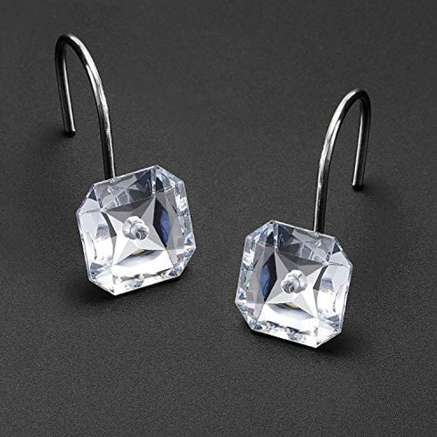 CHICTIE Diamond Shower Curtain Hooks,White Crystal Decorative Shower Curtain Rings,Set of 12 Stainless Steel Rust-Proof Square Rhinestones Shower Hooks Hangers for Bathroom