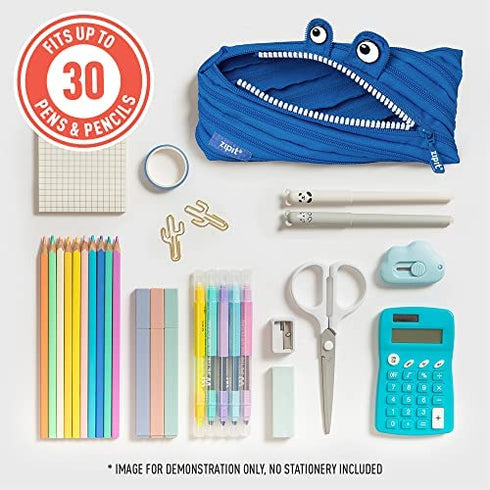 ZIPIT Monster Pencil Case for Boys, Holds Up to 30 Pens, Machine Washable, Made of One Long Zipper!, Royal Blue