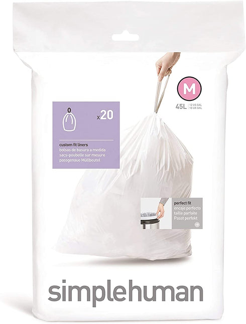 simplehuman Code M Custom Fit Drawstring Trash Bags in Dispenser Packs, 45 Liter / 11.9 Gallon, White 20 Liners