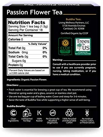 Buddha Teas Organic Passion Flower Tea - OU Kosher, USDA Organic, CCOF Organic, 18 Bleach-Free Tea Bag