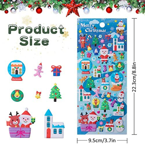 8 Sheet Christmas Stickers for Kids - 3D Self-Adhesive Holiday Stickers with Santa Snowman Xmas Tree Reindeer Hats Design for Gifts Wrapping Scrapbook DIY Crafts Decorations