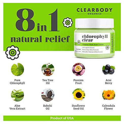 Tea Tree Oil & Chlorophyll Face Cream- Moisturizer Cleanser for Acne Prone, Dry, Oily Skin (2oz), Vitamin Rich Acne cream, face moisturizer, moisturizer face cream, acne treatment