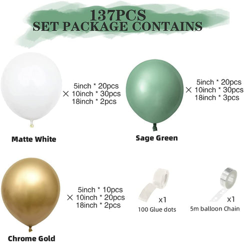 YSF Sage Green Balloon Garland Arch Kit 137pcs with Matte White Balloons and Chrome Gold Balloons for Wedding Birthday Party Baby Shower Party Background Decoration