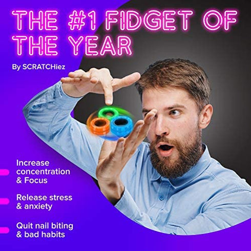 SCRATCHIEZ Magnetic Rings Fidget Toys for Adults and Children Kids | Glow in The Dark ADHD Fidget Rings | Best Magnet Toys – Finger Fidget Toys for Adults with Anxiety | Carrying Box for Work (6 Pack)