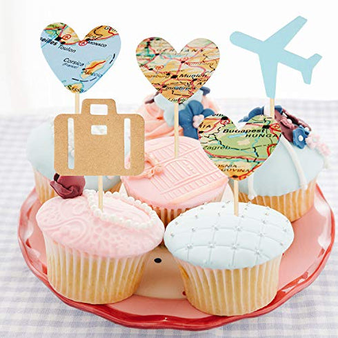 36 Pieces Travel Themed Cupcake Toppers Set, Airplane Cupcake Toppers Map Heart Cake Toppers for Travel Themed Baby Shower Party Decorations (Blue and Brown)