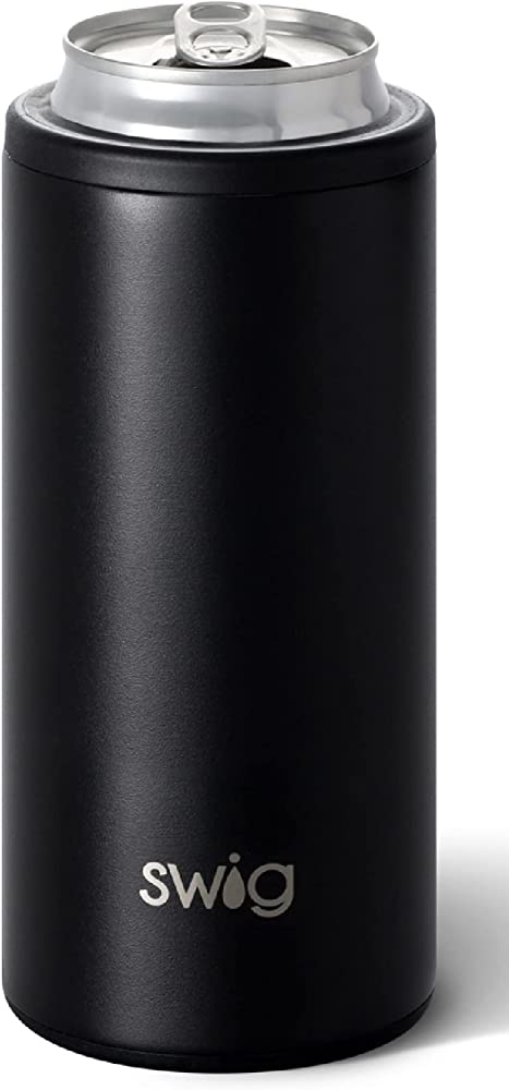 Swig Life Skinny Can Cooler, Stainless Steel, Dishwasher Safe, Triple Insulated Slim Can Sleeve for 12oz Tall Skinny Can Beverages (Black)