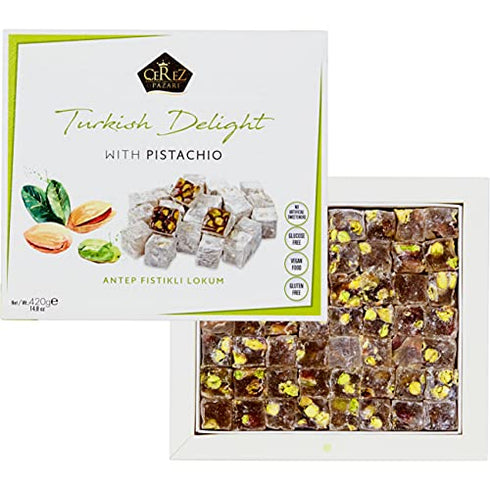Cerez Pazari Turkish Delight Pistachio Candy Gourmet Premium Vegan Sweets Medium Gift Box 14.8oz | Sweet Luxury Traditional Confectionery Soft Candy Dessert Glucose Free Lokum (Loukoumi) | Apprx.42 Pcs