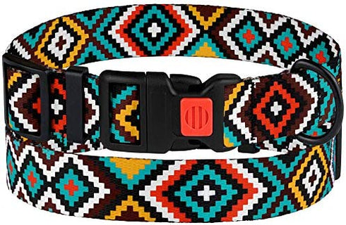 CollarDirect Purple Geometric Dog Collar, Pet Collar for Small Medium Large Dogs or Puppies with Quick Release Buckle, Yellow Orange Pattern, Adjustable Nylon (Teal, Neck Fit 10"-13")